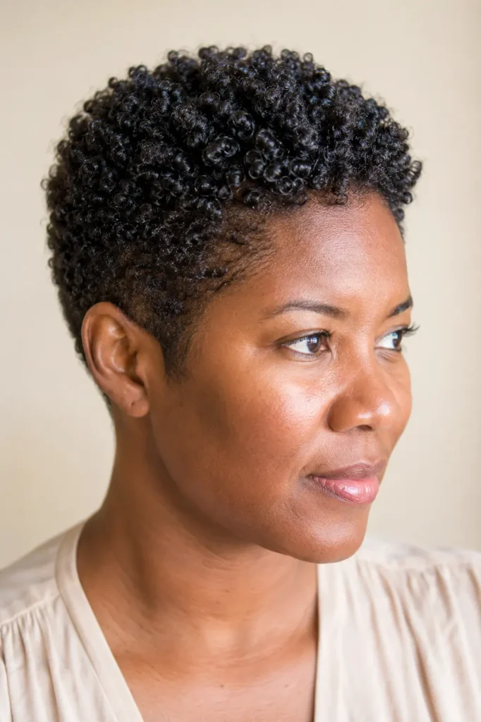 Classic tapered natural pixie haircut with defined coils on a Black British woman, featuring a longer textured crown, neatly tapered sides and nape, photographed in bright natural light against a soft cream background.