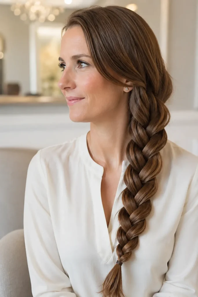 woman wearing a classic three-strand side braid with glossy light chestnut hair, photographed in bright natural daylight against an elegant ivory salon-inspired background, wearing a stylish cream blouse.
