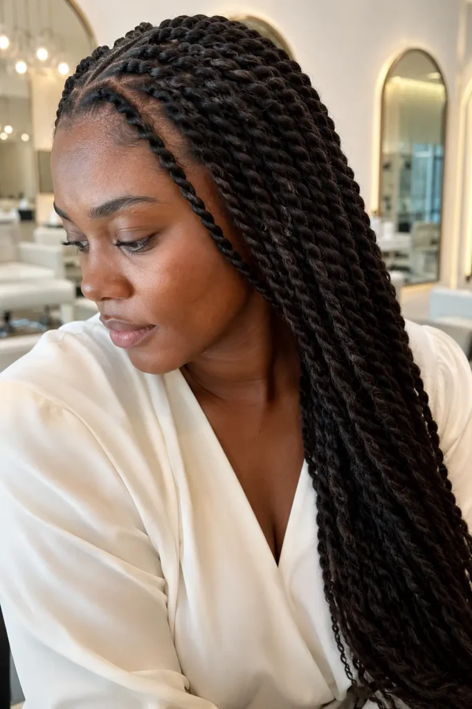 a Black woman wearing classic two-strand twist braids with glossy dark brunette hair, styled in an elegant ivory blouse against a bright cream salon background.