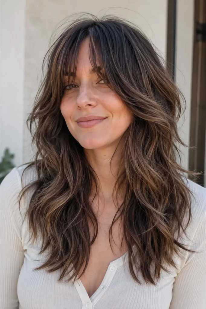 Smiling young English woman wearing a medium-length wavy wolf cut with soft curtain bangs and feathered layers. Her healthy, glossy hair falls naturally with beautiful movement in bright outdoor daylight, making the hairstyle the main focus against a soft cream background.