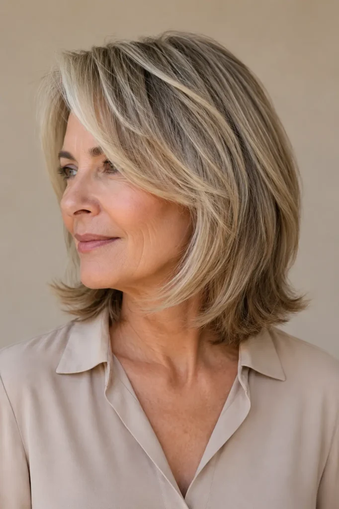 A woman with a glossy collarbone-length layered haircut in bright natural light against a beige background.