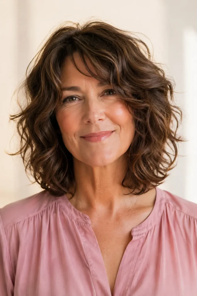 woman with a collarbone-length layered haircut for thick naturally wavy hair, featuring soft defined waves, photographed in bright natural daylight against an ivory background, wearing a modest powder-pink blouse with realistic skin texture and a salon-quality hairstyle in sharp focus.