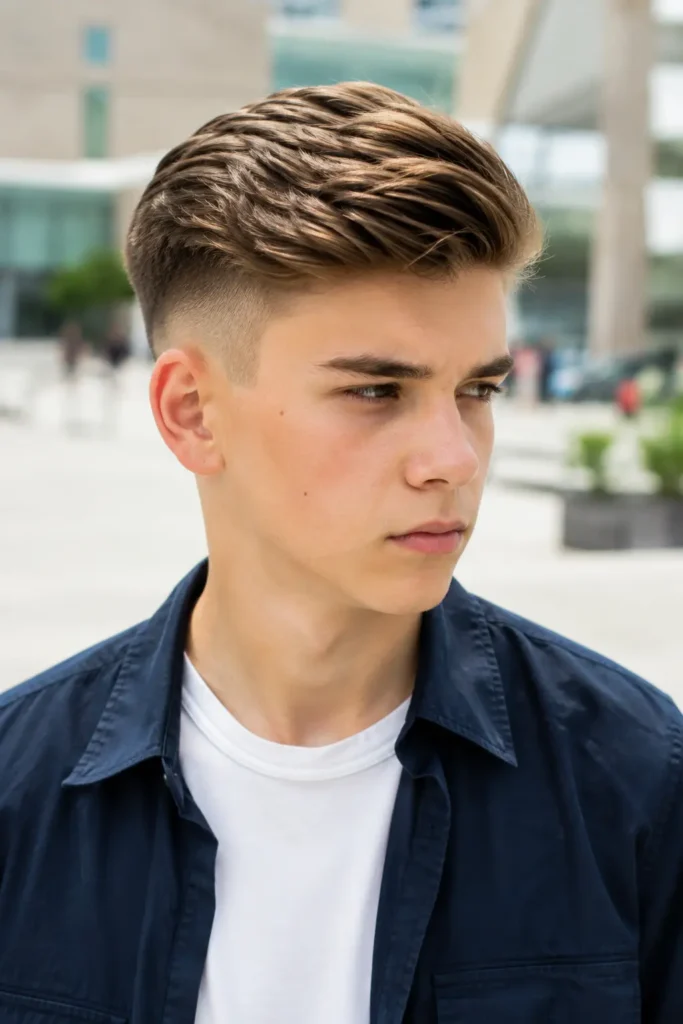 a white teenage boy with a modern comb over fade, featuring a naturally side-combed textured top and clean mid fade. He wears a navy overshirt over a white T-shirt, with realistic skin texture and healthy, shiny hair, photographed in bright natural daylight against a softly blurred modern urban plaza background.