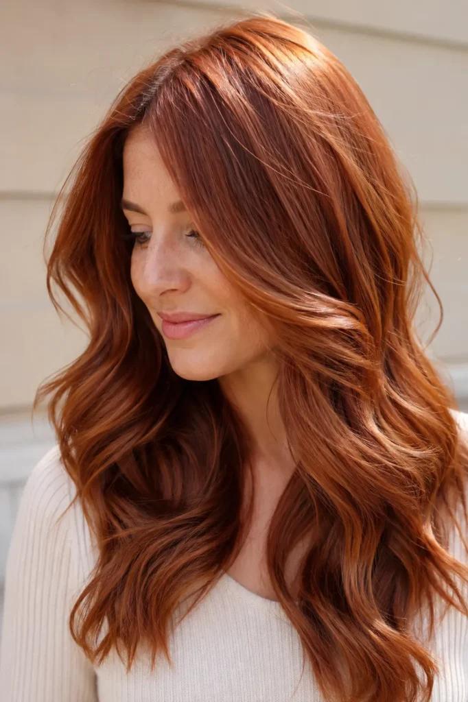 woman with glossy copper auburn hair tint, featuring soft waves, warm copper tones, rich auburn reflections,