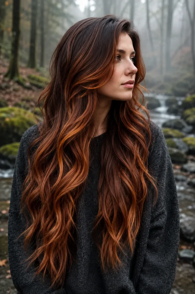 Long wavy medium brown hair with dimensional copper balayage in fiery copper, golden ginger, and soft cinnamon tones, styled with face-framing layers