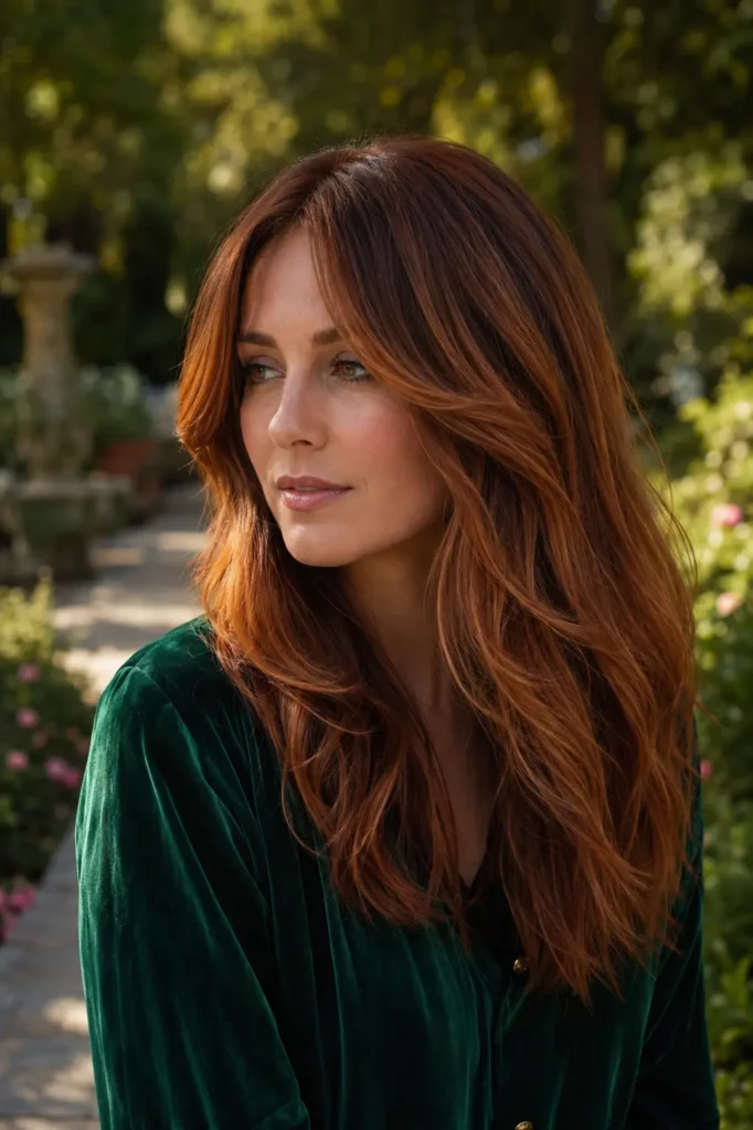 a white woman with dimensional copper balayage hair, soft curtain bangs, auburn-brown roots blending into warm copper and caramel face-framing highlights, styled in loose waves, wearing a forest green velvet blouse in a softly blurred botanical garden.