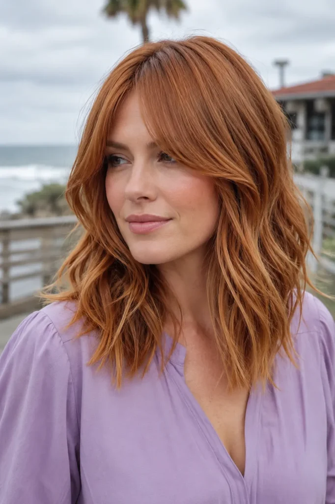Warm copper shoulder-length hair with soft curtain bangs, a center part, and beachy waves on a woman wearing a lavender blouse, photographed outdoors by a blurred coastal boardwalk.