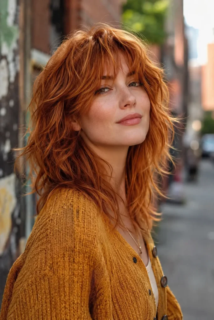 white woman with a vibrant copper shag haircut, airy curtain bangs, heavily textured feathered layers, tousled natural waves, piecey ends, and soft crown volume, wearing a vintage-inspired mustard cardigan in a softly blurred urban brick art district.