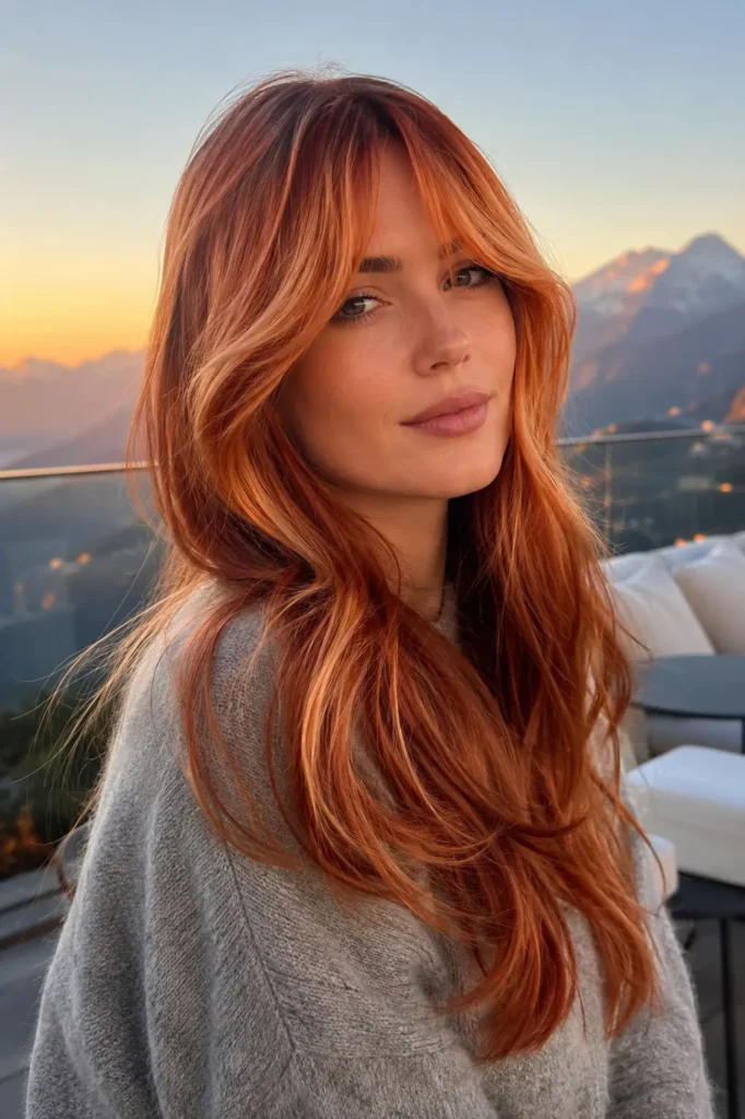 a white woman with rich copper hair, luminous copper-golden face-framing highlights, soft curtain bangs, and flowing dimensional waves, wearing a light gray cashmere sweater on a blurred luxury rooftop terrace overlooking mountains at sunrise.