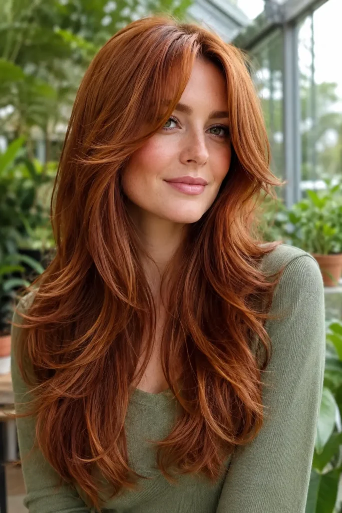 Photorealistic white woman with long luxurious copper hair, dramatic cascading layers, soft copper curtain bangs, glossy loose waves, and face-framing layers, wearing a sage green knit top in a softly blurred botanical conservatory.