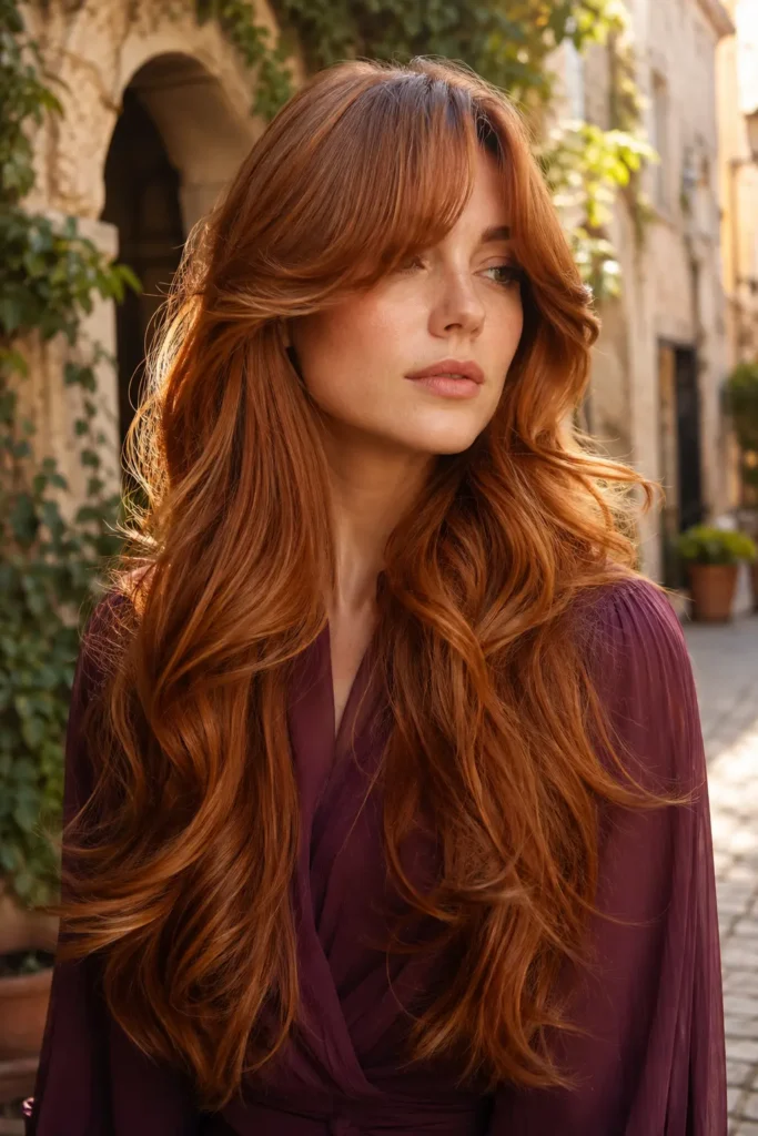 a white woman with very long glossy copper hair in soft waves, center-parted curtain bangs, and face-framing layers, wearing a deep plum blouse in a sunlit European courtyard with blurred stone arches and greenery.