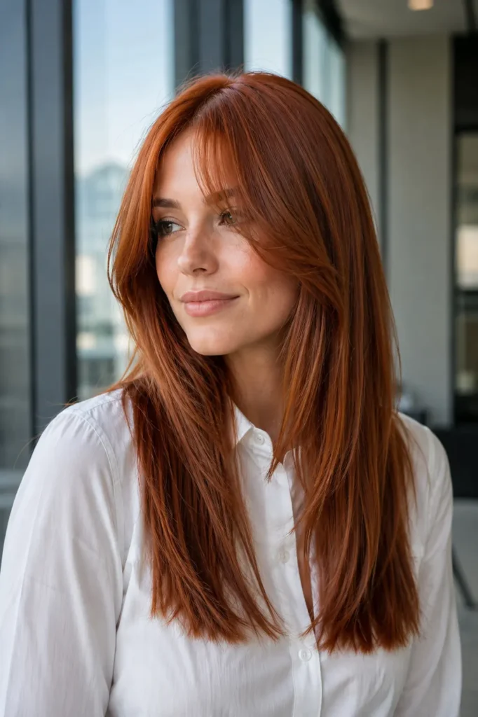a white woman with sleek, straight copper hair featuring a smooth center part and elegant curtain bangs that softly frame her face. Her glossy, dimensional copper hair is the main focus, paired with a modest white tailored button-up shirt.