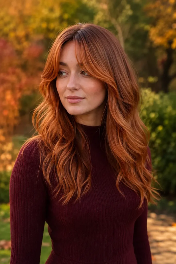 White woman with dimensional copper hair, bright curtain bangs, and soft waves, wearing a burgundy high-neck knit dress in a blurred autumn park with golden daylight.