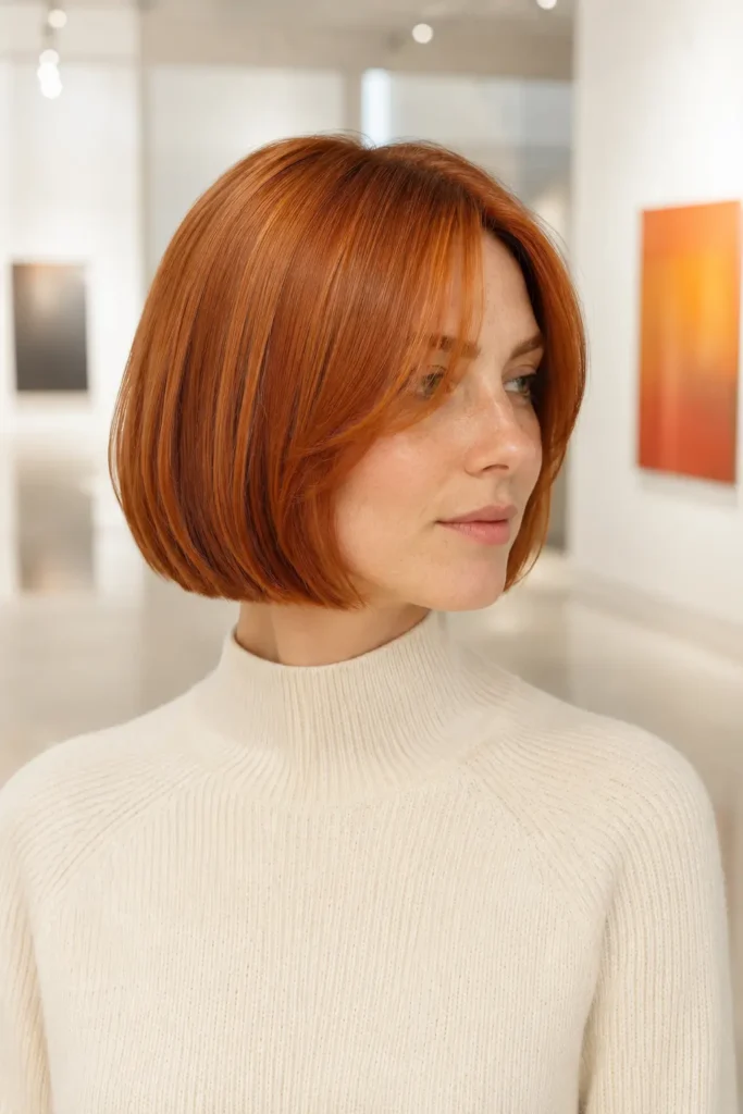 a white woman with a sleek jaw-length blunt bob in glossy rich copper, featuring soft center-parted curtain bangs, polished blunt ends, and smooth reflective hair. She wears a modest ivory high-neck knit sweater
