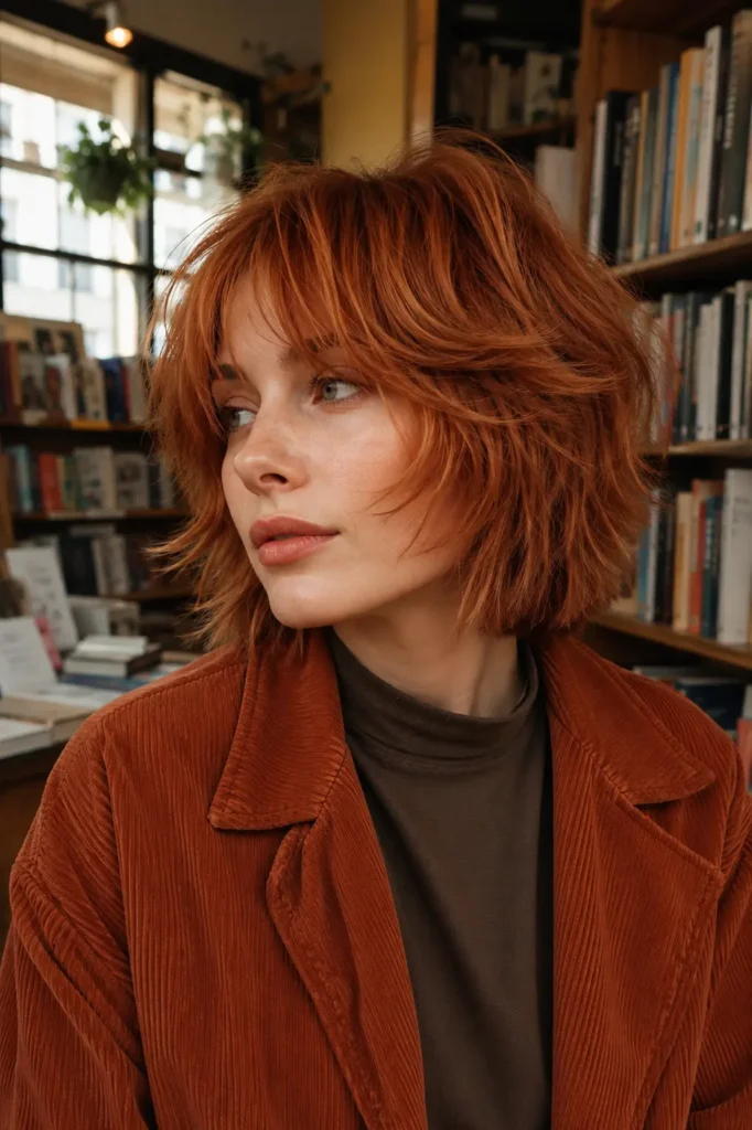 white woman with a warm copper layered shaggy bob featuring feathered curtain bangs blending into choppy cheekbone-length layers, textured ends, and naturally tousled soft waves. She wears a modest rust-colored corduroy jacket over a simple high-neck shirt