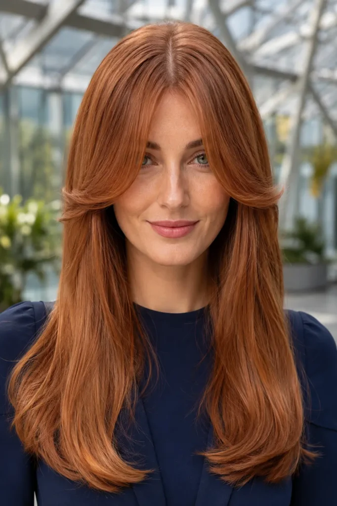 a white woman with polished copper hair, perfectly defined center-parted curtain bangs, sleek smooth lengths with soft bends, wearing a modest navy blue blouse against a blurred modern glass conservatory in natural daylight.