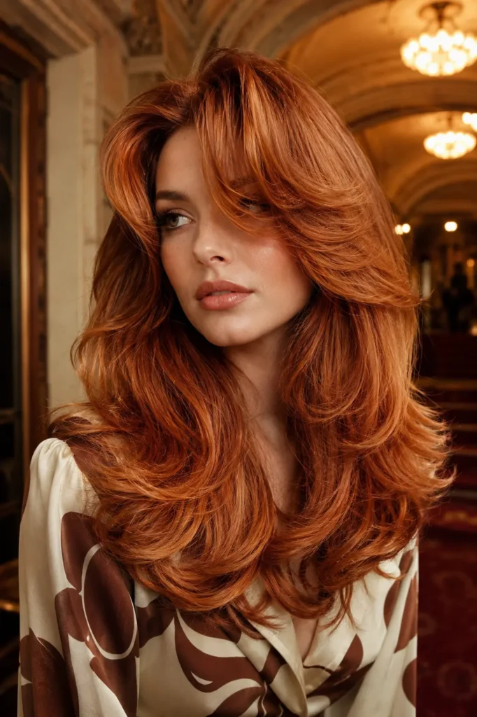 a white woman with a retro-inspired copper blowout, voluminous lifted roots, rounded ends, and sweeping curtain bangs, wearing a cream-and-brown patterned blouse in a softly blurred vintage Art Deco theater foyer.