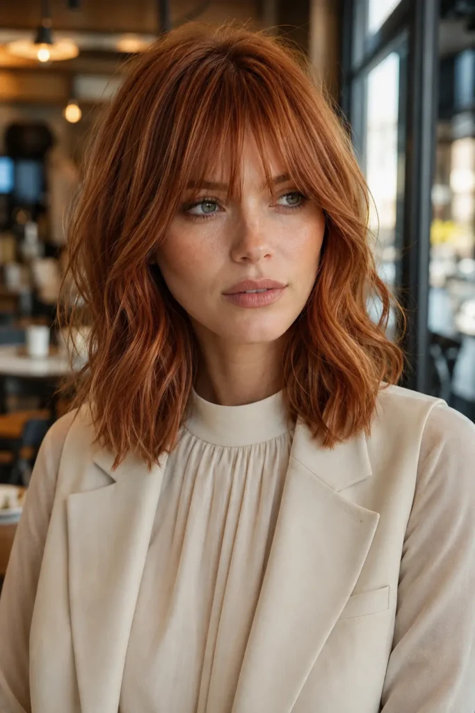 white woman with a textured warm copper long bob haircut featuring soft curtain bangs, slightly choppy ends, and tousled waves, wearing a cream tailored vest over a high-neck blouse in a softly blurred European café with natural daylight.