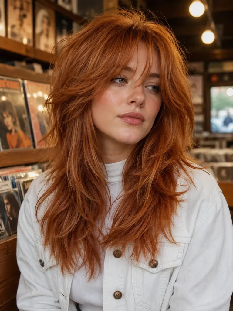 a white woman with a modern copper wolf cut featuring long curtain bangs, dramatic layered volume, a feathered crown, textured ends, and soft face-framing waves. She wears a modest white denim jacket over a simple high-neck top.