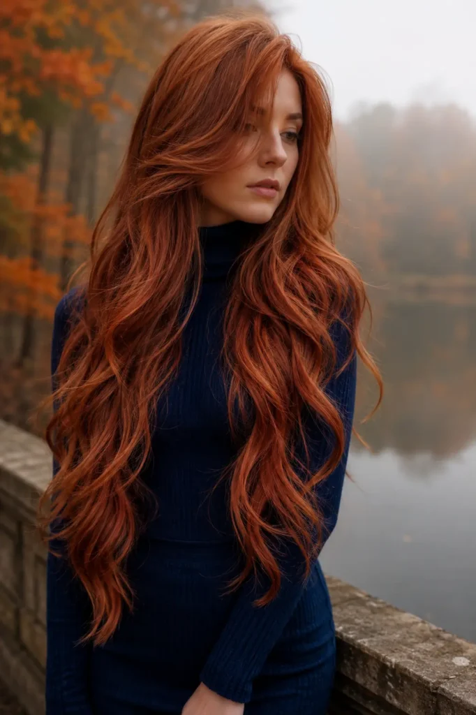 a white woman with exceptionally long vibrant copper-red hair featuring rich dimensional copper tones and subtle auburn undertones
