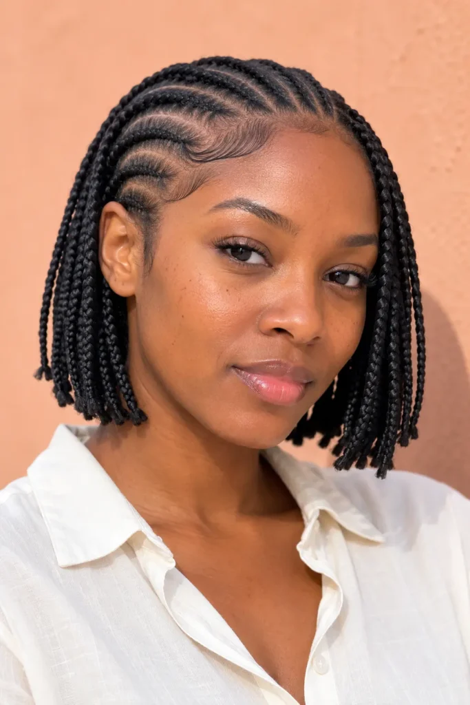 hin-length cornrow braided bob on a real Black British woman, with clean scalp cornrows blending into lightweight box braids that frame her face. Captured in a front three-quarter view with bright daylight, a soft peach background, natural skin texture, minimal makeup, and a modest ivory shirt.