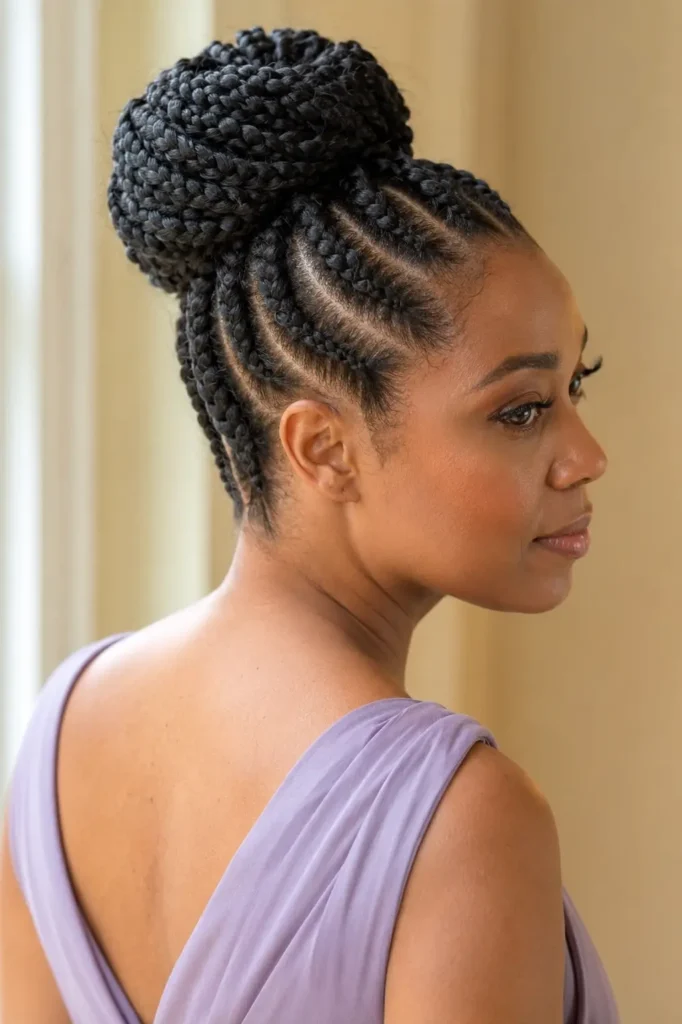 Black British woman with curved cornrows swept into an elegant braided crown bun, photographed from a side-back angle in soft natural daylight, wearing a modest pale-lavender dress against a warm cream background.