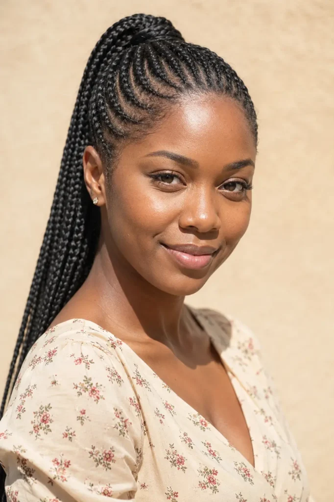 Black British woman with neatly curved cornrows styled into a high braided ponytail, long braids draped over one shoulder, photographed in bright daylight against a soft champagne background wearing an elegant English dress.