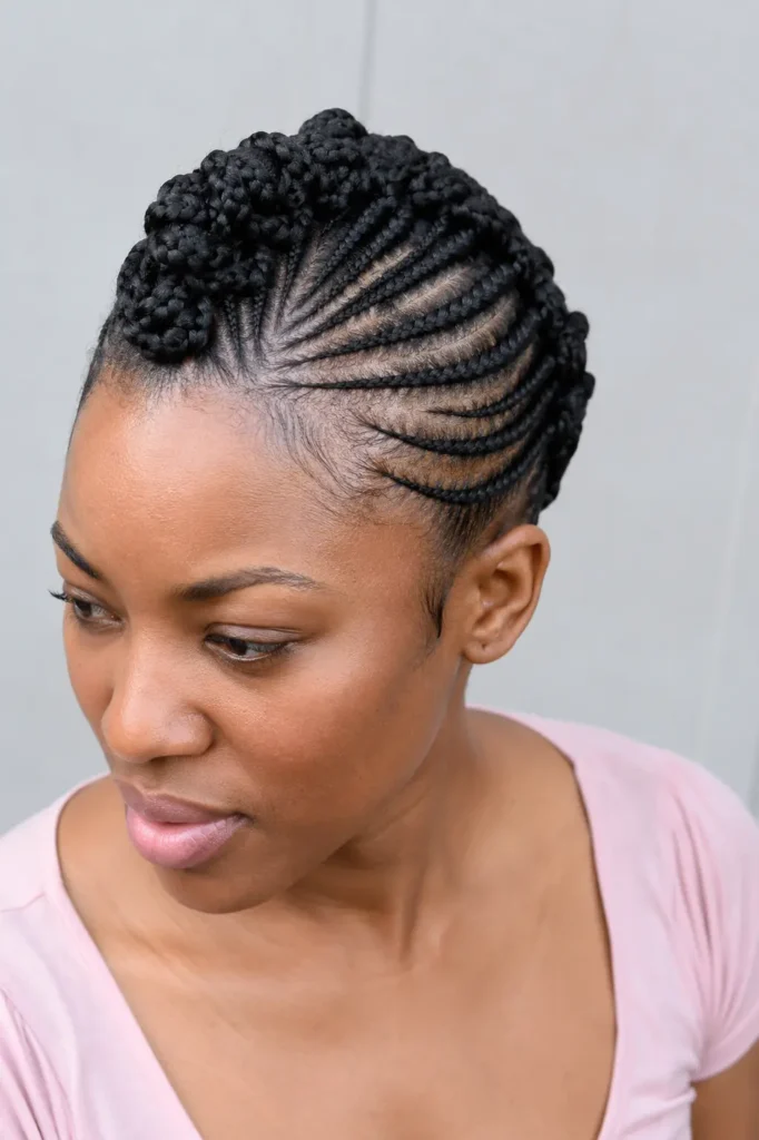 Black English woman with an elegant cornrow mohawk, featuring braided sides and a chunky braided centre, photographed in bright natural light against a pale gray background.