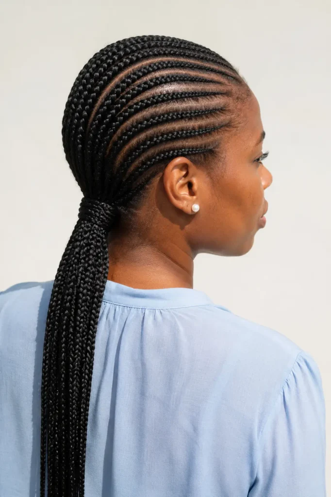 Neat cornrows flowing into a low braided ponytail on a real Black British woman, shown from a side-back view with crisp braid detail and a light-blue blouse