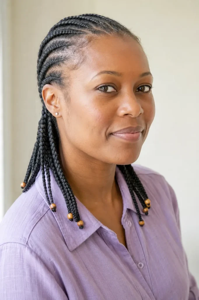 English woman with medium straight-back cornrows accented by a few small wooden beads, photographed in bright natural window light against a pale cream background, wearing a dusty-lilac shirt with natural makeup and sharply detailed braids.