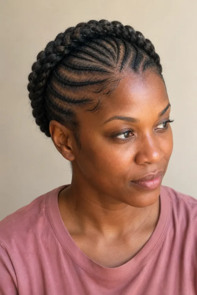 Black British woman wearing an elegant braided cornrow crown, photographed from a slightly elevated three-quarter angle. The curved cornrows wrap neatly around her head with tucked ends, natural edges,