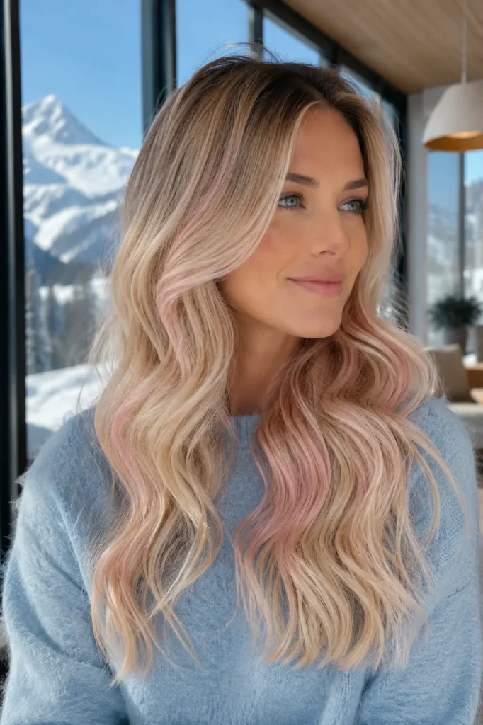 a real white woman with long creamy vanilla blonde hair in soft glamorous waves, featuring a subtle chocolate brown root shadow and delicate strawberry pink accents, wearing a sky-blue cashmere sweater in a bright Scandinavian-style interior with large windows overlooking snowy mountains.