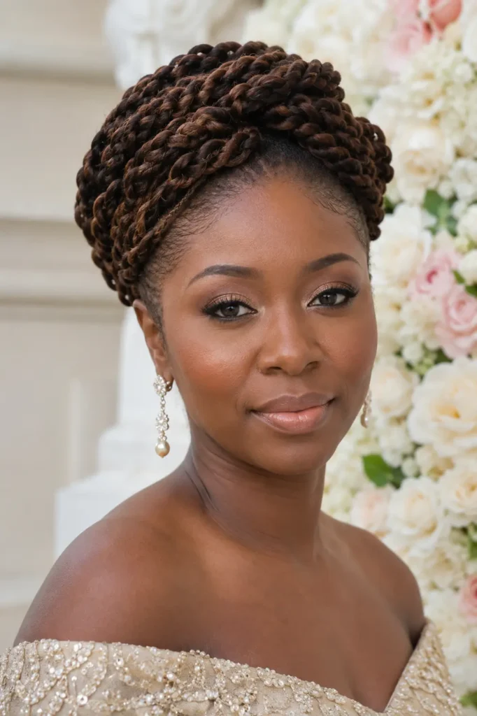 a Black woman wearing elegant crown twist braids wrapped around her head in rich chocolate brown tones, paired with a champagne off-the-shoulder dress.