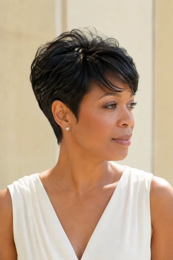 British woman with an elegant dark pixie haircut featuring soft crown volume, a subtle side-swept front, neatly tapered sides, and a precisely graduated nape, photographed in bright natural daylight against a pale beige background, wearing an ivory dress.