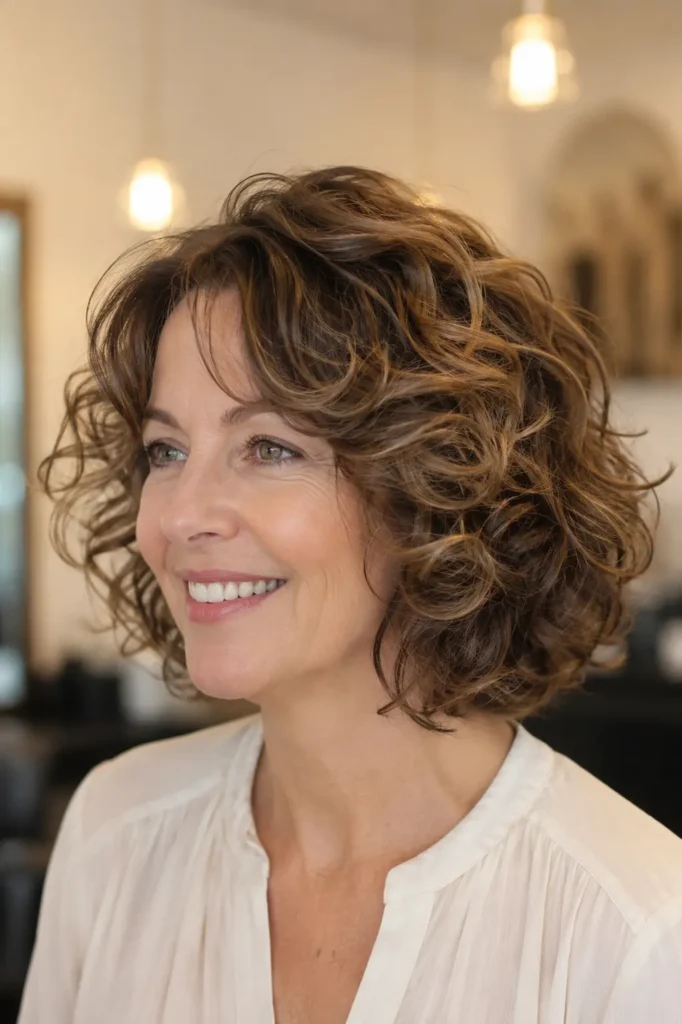 woman with a curly bob haircut for fine hair, featuring airy light-brown layered curls, soft root volume, natural makeup, an ivory blouse, and a warm cream salon background in bright natural daylight.
