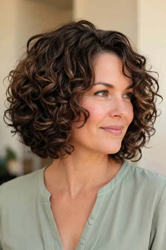 woman with a thick curly bob haircut featuring voluminous layered dark-brown curls. She wears a sage-green blouse and natural makeup, standing against a warm beige background in bright natural light, with the glossy curls filling most of the frame in a premium salon-style portrait.