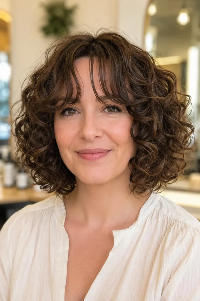 woman with a curly bob haircut featuring soft curtain bangs and glossy chestnut curls, photographed in bright natural light against a warm ivory salon background.