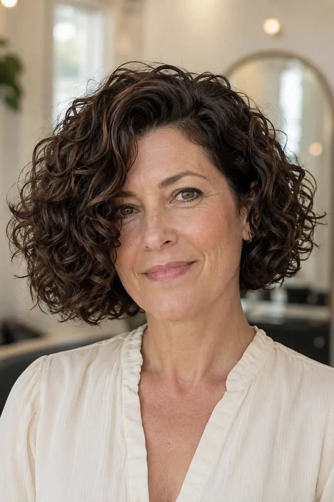 woman with a curly bob haircut featuring a dramatic deep side sweep and naturally defined brunette curls. She wears natural makeup and an ivory blouse, standing in bright natural daylight against a warm cream salon background, with the voluminous hairstyle filling the frame.