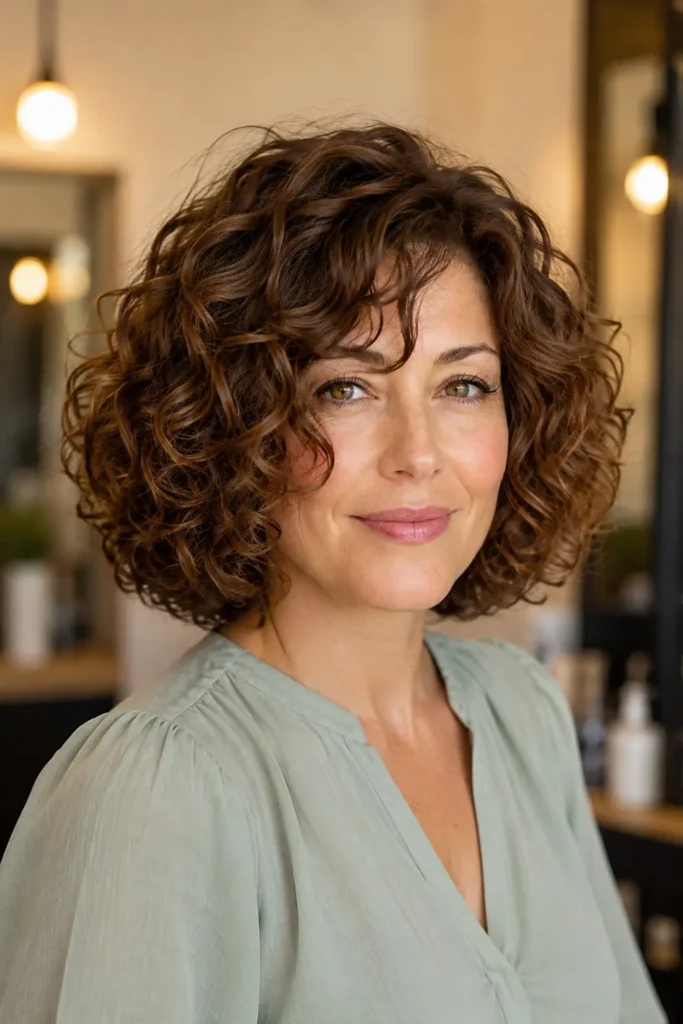 woman with a glossy medium-brown curly bob haircut and soft face-framing layers, photographed in bright natural daylight against a warm beige salon background, wearing a light sage blouse.