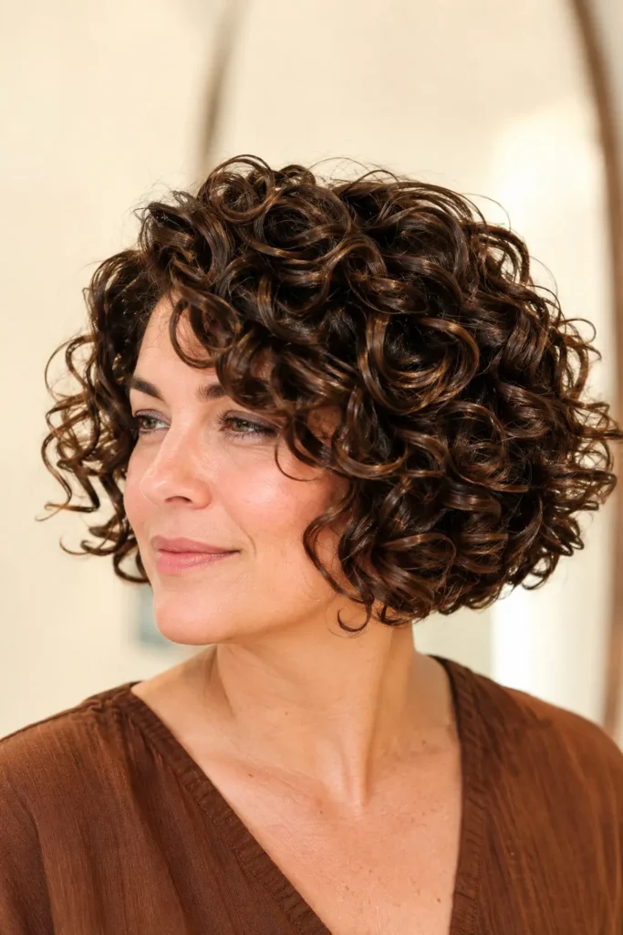 woman with a glossy curly bob haircut featuring perfectly defined brunette ringlets and soft layered shaping. She wears natural makeup and a modest brown blouse, photographed in bright natural daylight against a warm ivory salon background, with the voluminous hairstyle filling the vertical frame.