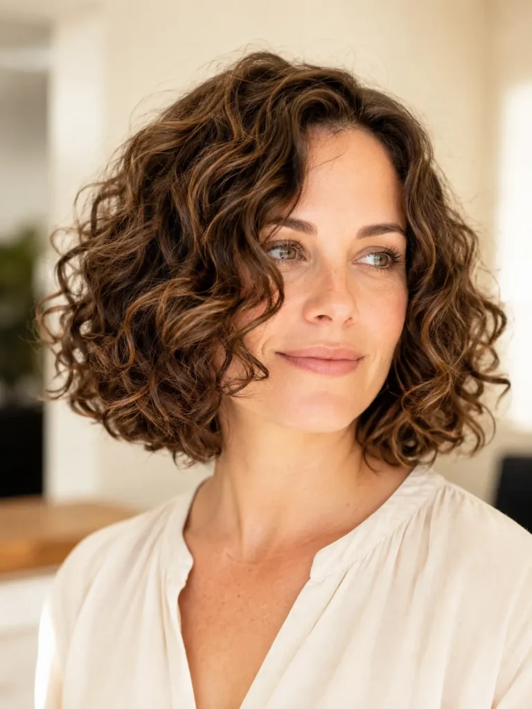 woman with a curly bob haircut featuring invisible layers that create soft movement and natural volume. Her glossy medium-brown curls are illuminated by bright natural daylight against a warm ivory salon background. She wears natural makeup and a modest cream blouse, with the textured curls as the main focus in a realistic DSLR-style portrait.