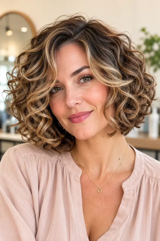 woman with a curly bob haircut featuring soft blonde money piece highlights framing naturally defined brunette curls, natural makeup, a blush-beige blouse, and a bright cream salon background with the hairstyle in sharp focus.