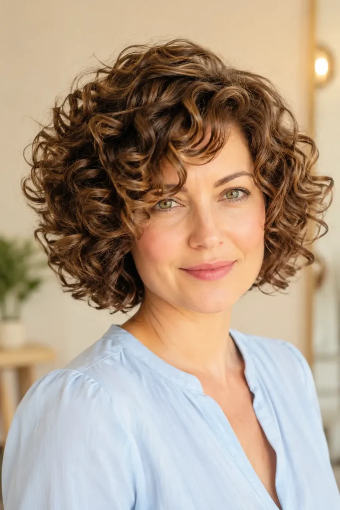 woman with a naturally voluminous curly bob haircut featuring soft layered chestnut curls full of bounce. She wears a light blue blouse and natural makeup, standing against a warm beige background in bright natural light, with the glossy hairstyle as the main focus.