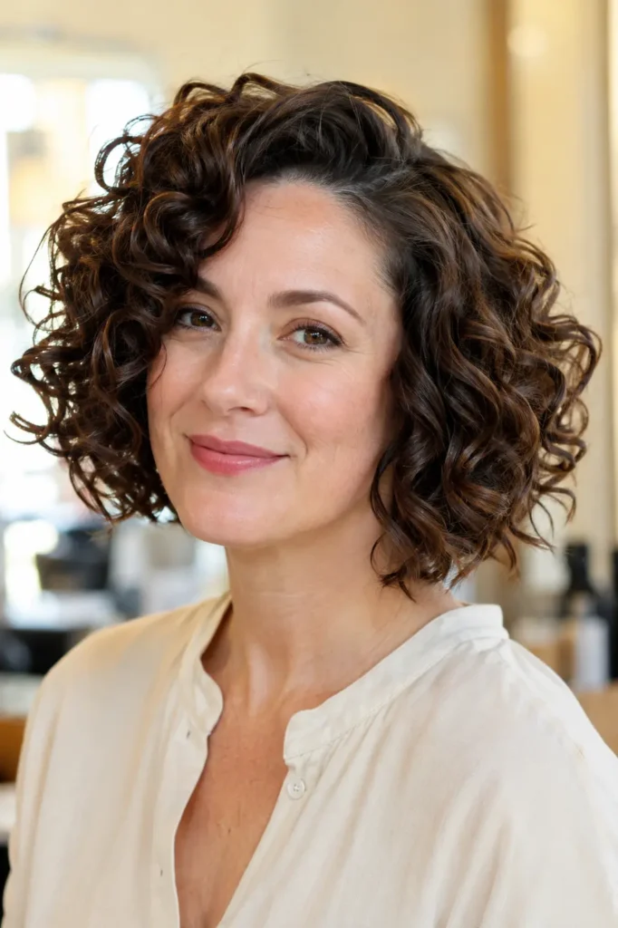 woman with a deep side-part curly bob haircut, featuring naturally defined brunette curls and soft layered volume, photographed in bright natural light against a warm ivory salon background.