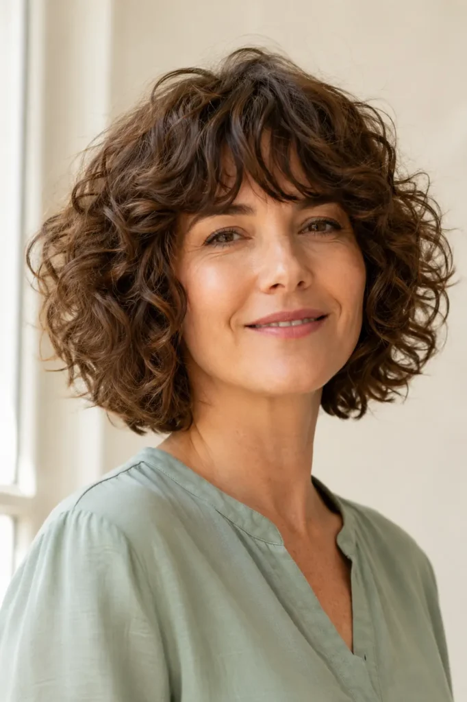 woman with a curly bob haircut featuring soft shag layers and naturally textured, glossy medium-brown curls. She wears a sage-green blouse and natural makeup, posed in bright window light against an ivory salon background, with the hairstyle filling most of the vertical frame.