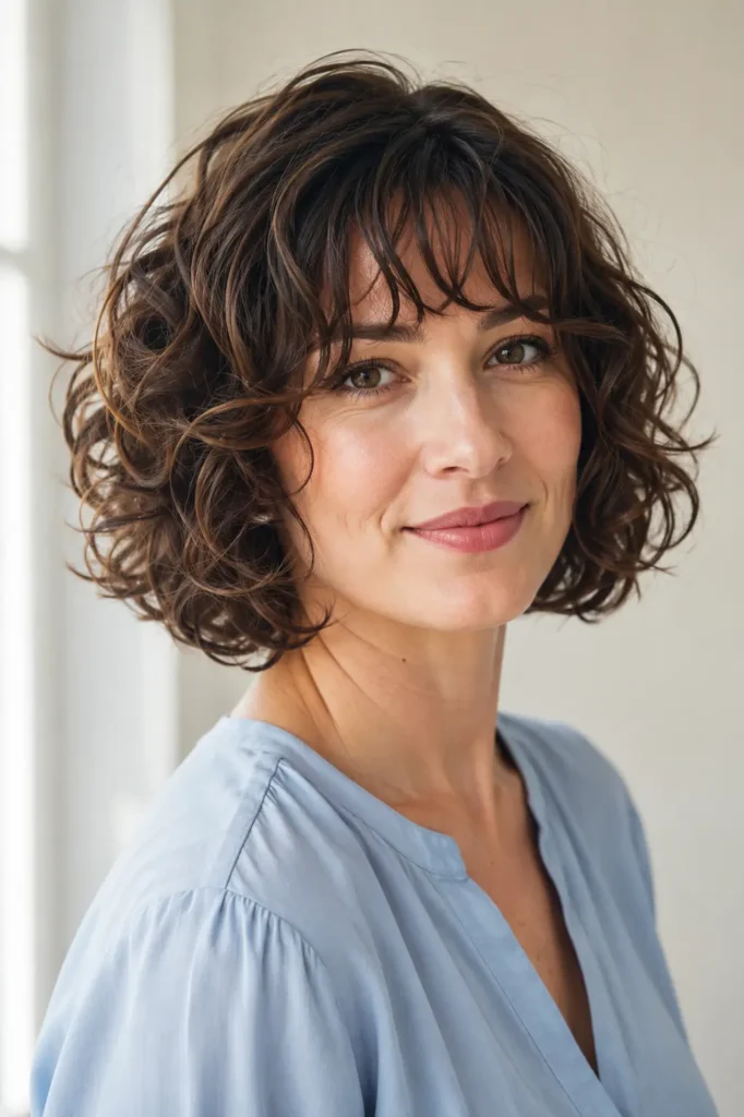 woman with a curly bob haircut and delicate wispy bangs blending into soft layered curls, photographed in bright natural window light against a pale ivory background, wearing a powder-blue blouse with natural makeup and realistic skin texture.