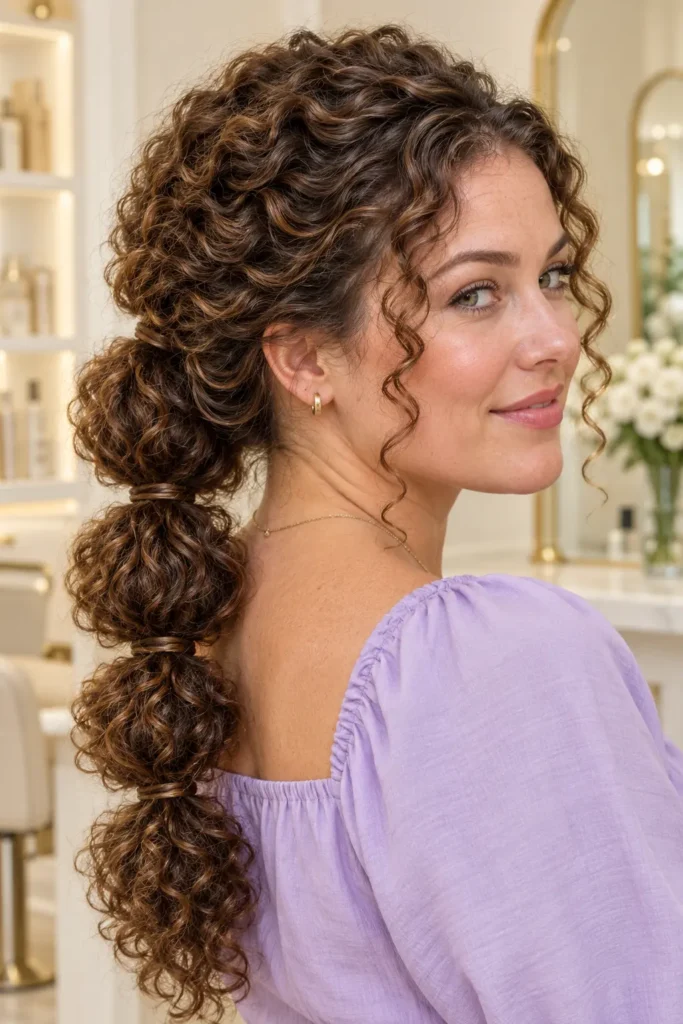 woman wearing a curly bubble twist hairstyle with soft bubble sections created from naturally defined curls, dressed in a light purple blouse with minimal jewelry