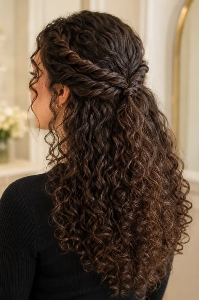 woman wearing a black knit blouse with a Curly Double Rope Half-Up hairstyle featuring two elegant rope twists joined at the back and naturally defined flowing curls