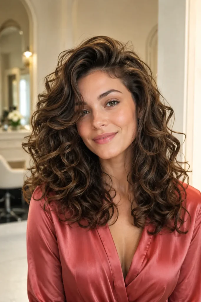 woman with a curly flip-over volume hairstyle featuring lifted roots, dramatic side-swept volume, and glossy defined curls, wearing a champagne-red satin blouse in a bright ivory salon setting.