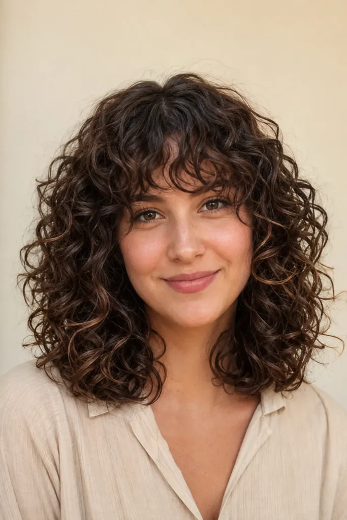 Curly fringe with naturally defined shoulder-length curls, soft textured bangs, voluminous hairstyle, and a light beige blouse against a cream background in bright natural lighting.